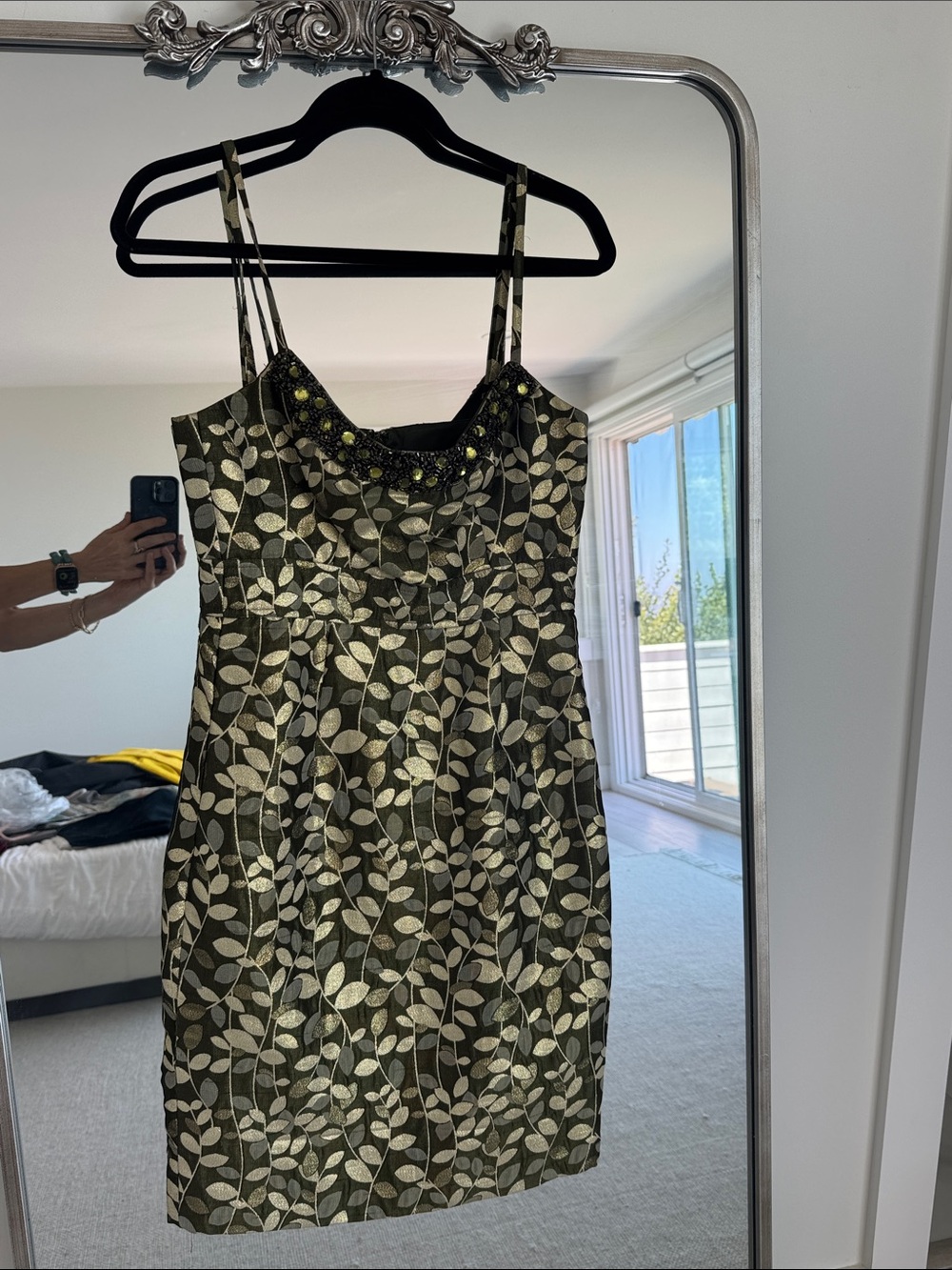 Maggy London Black and Gold Leaf-Print Slip Dress
